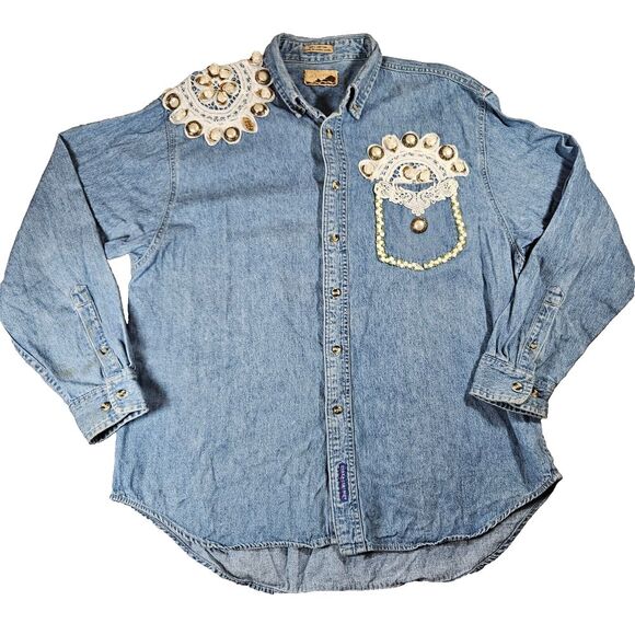 Port Authority Tops - Port Authority VTG Grannycore Embellished Crochet Beaded‎ Sz XL Button Up Shirt
